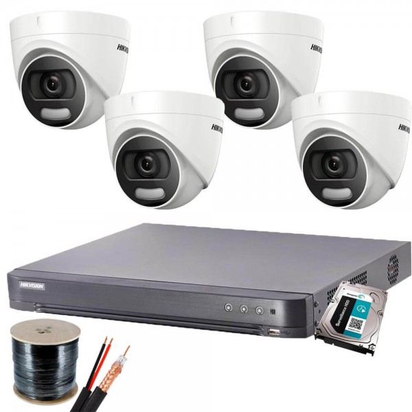Пълен комплект 4 камери 2MP, ColorVu + DVR Hikvision и HDD